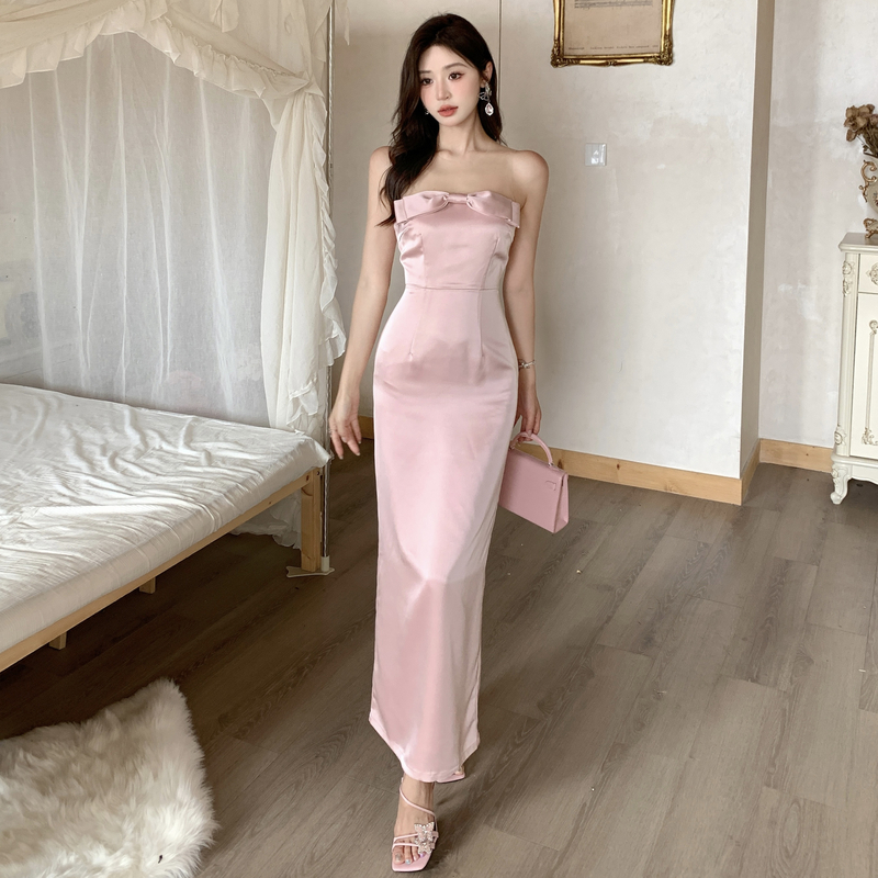 Satin gauze sweetheart dress splice bow long dress