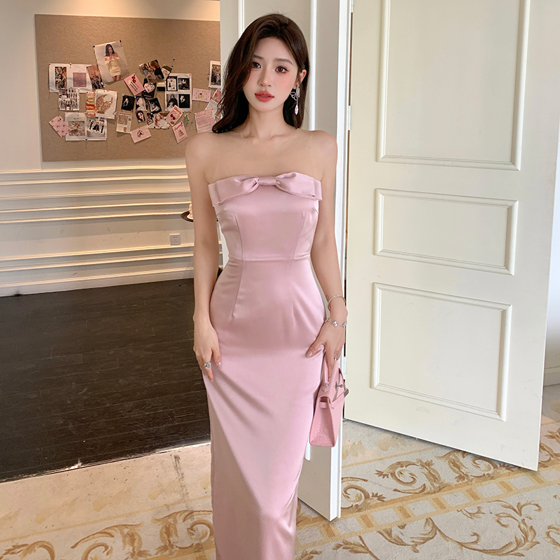 Satin gauze sweetheart dress splice bow long dress