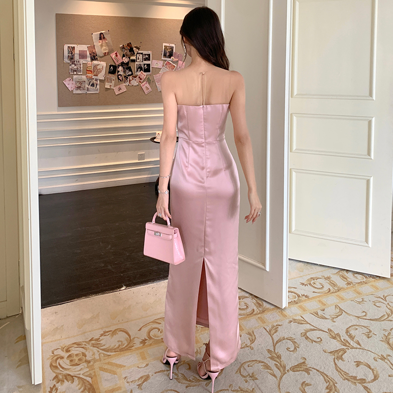 Satin gauze sweetheart dress splice bow long dress