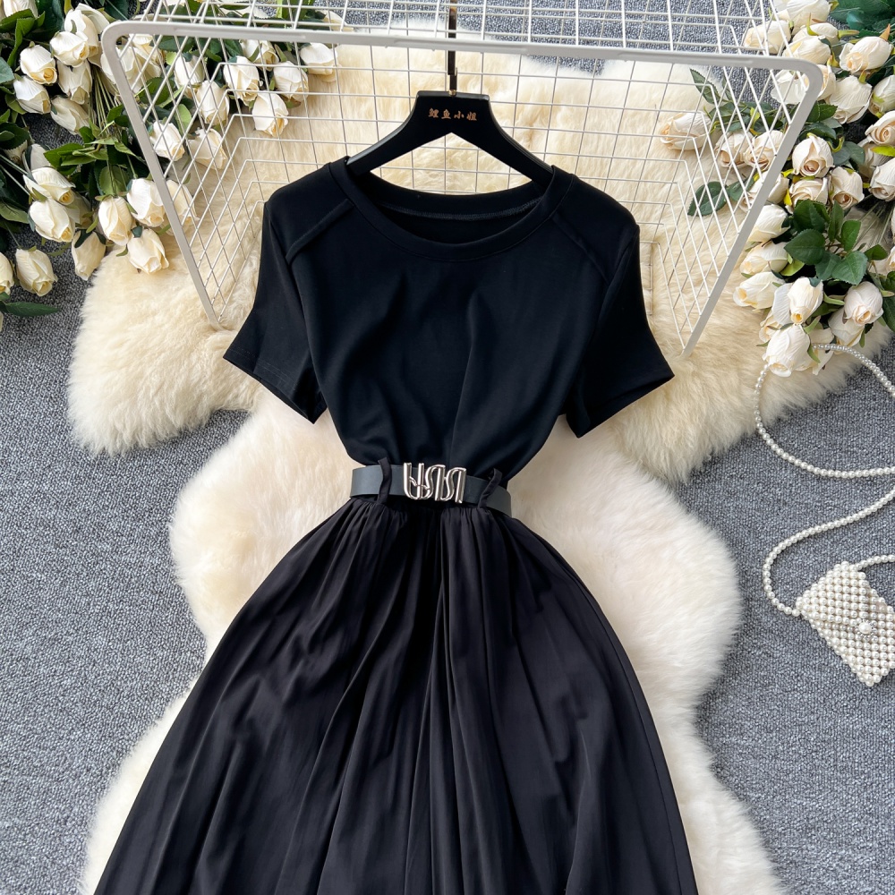 Pinched waist splice dress round neck long dress for women