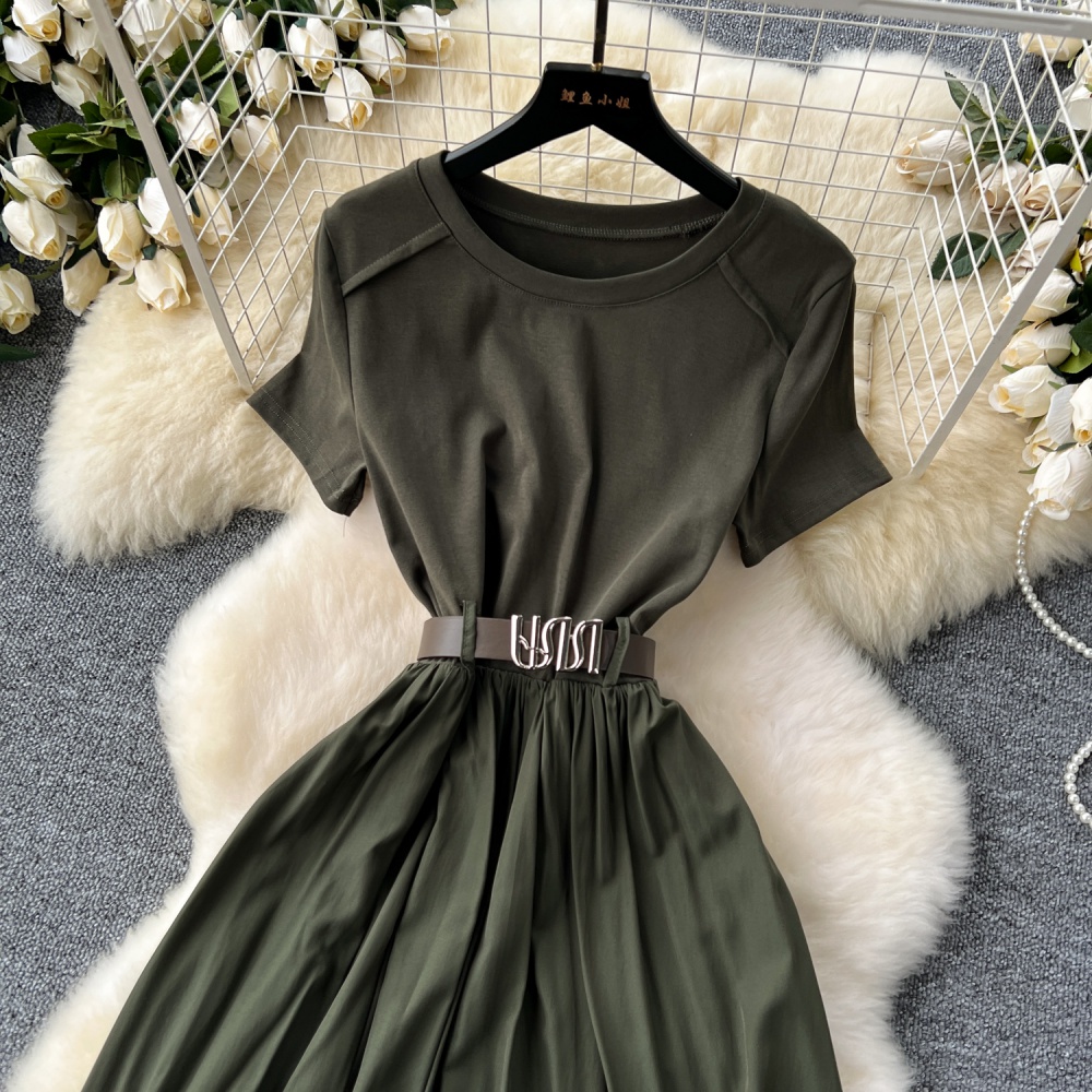 Pinched waist splice dress round neck long dress for women