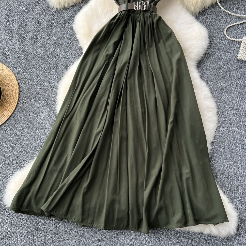 Pinched waist splice dress round neck long dress for women