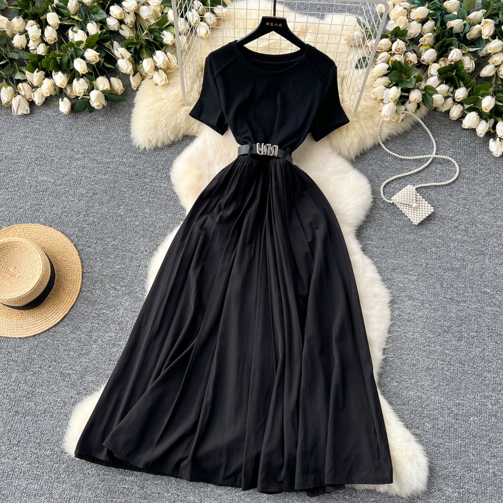 Pinched waist splice dress round neck long dress for women