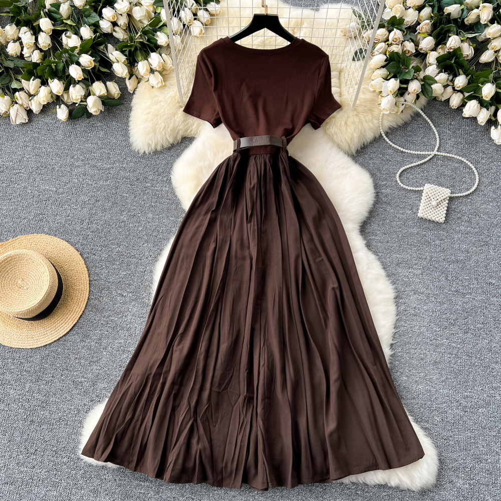 Pinched waist splice dress round neck long dress for women