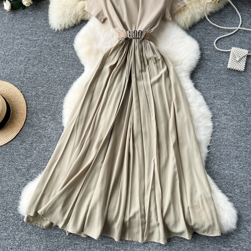 Pinched waist splice dress round neck long dress for women