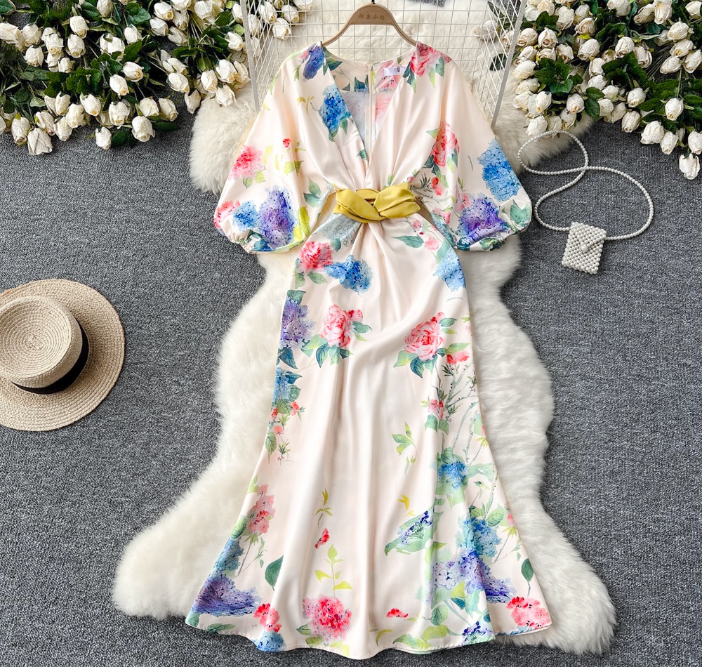 Printing long dress V-neck dress for women