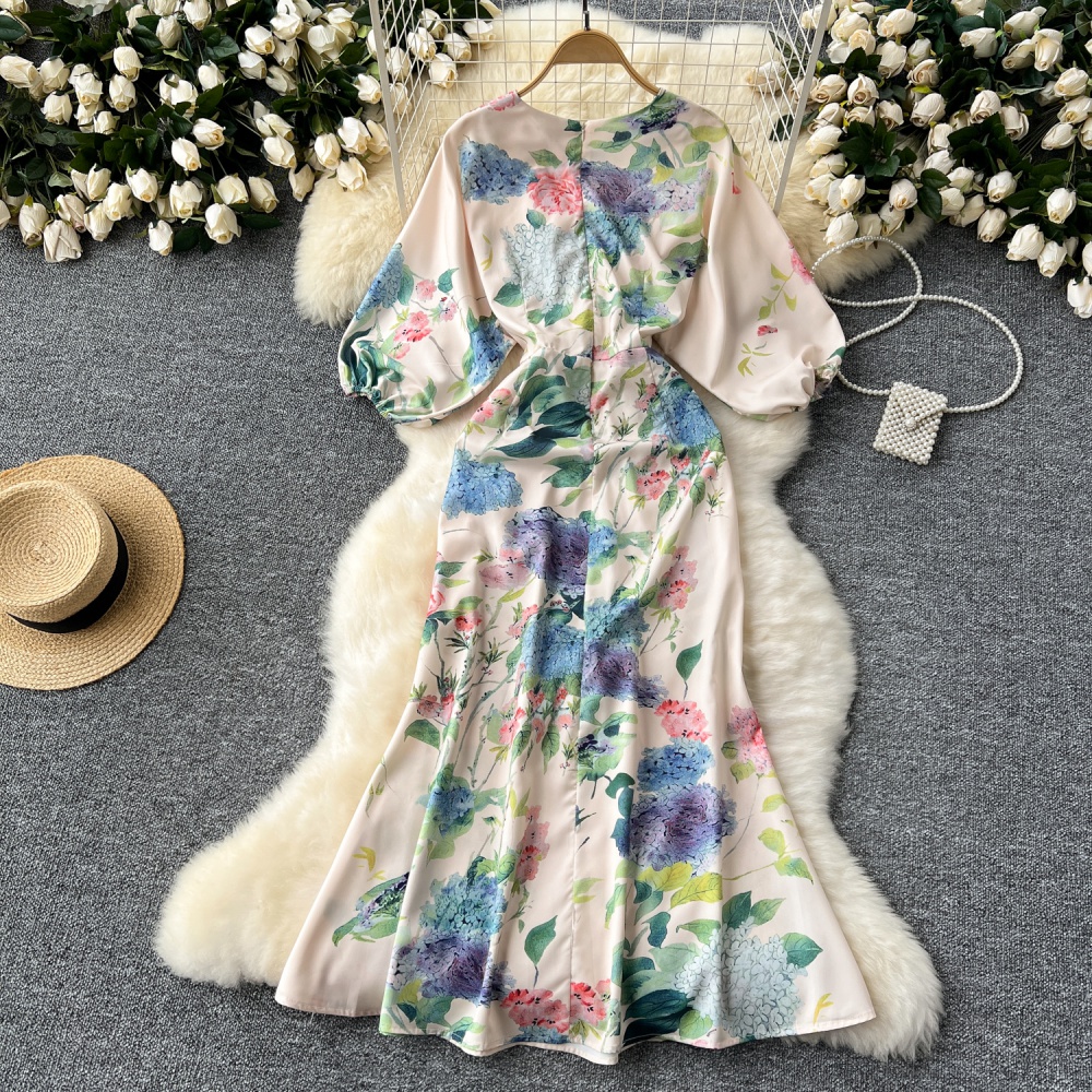 Printing long dress V-neck dress for women