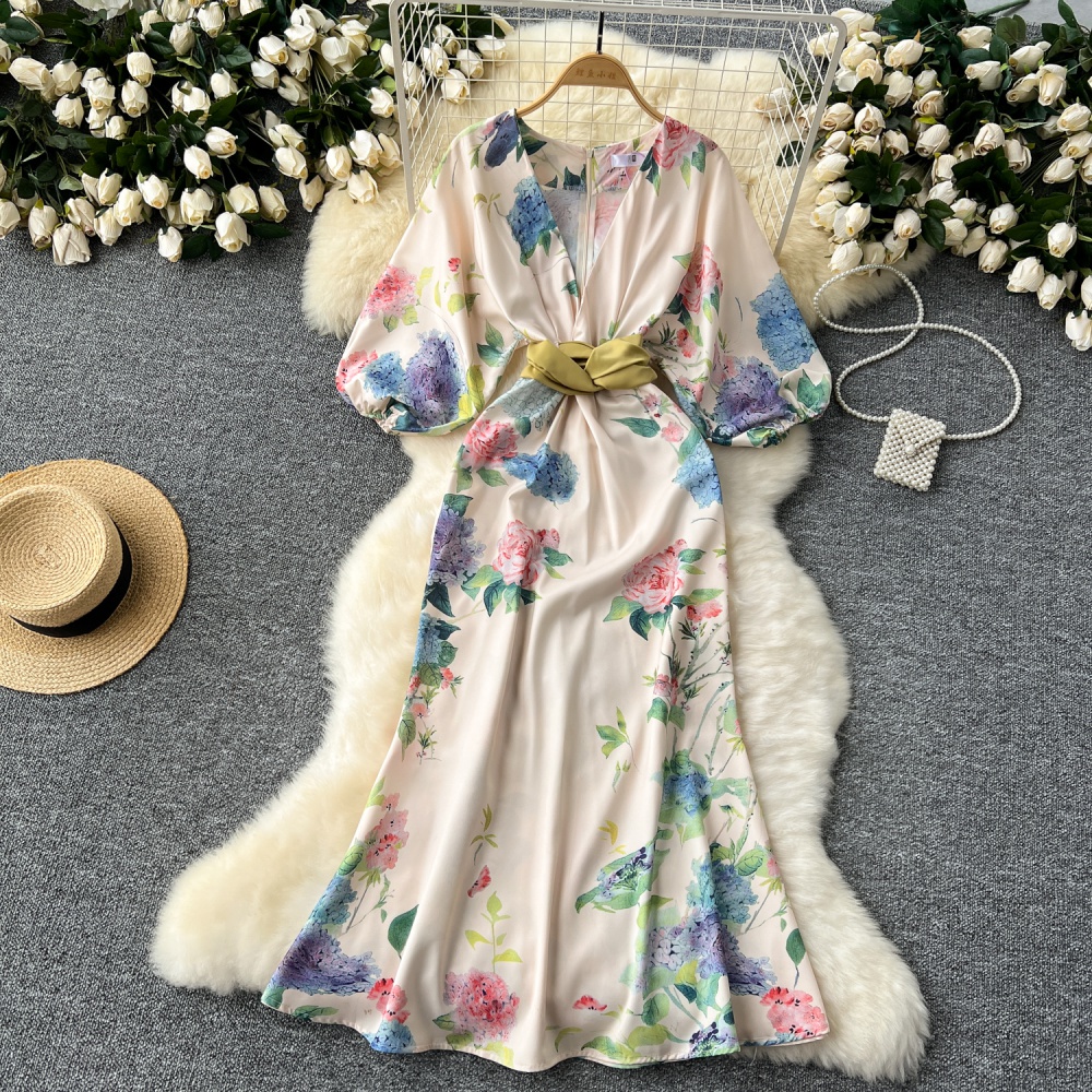 Printing long dress V-neck dress for women