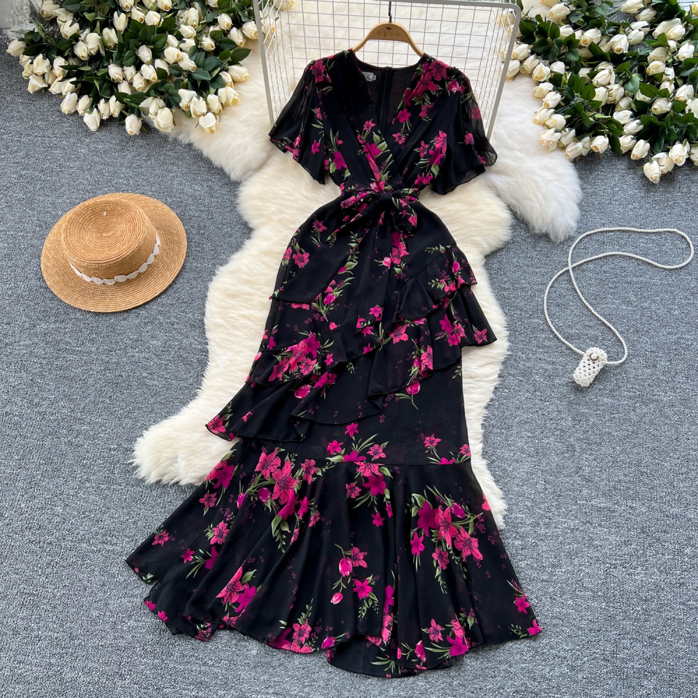 Summer V-neck long dress bandage printing dress