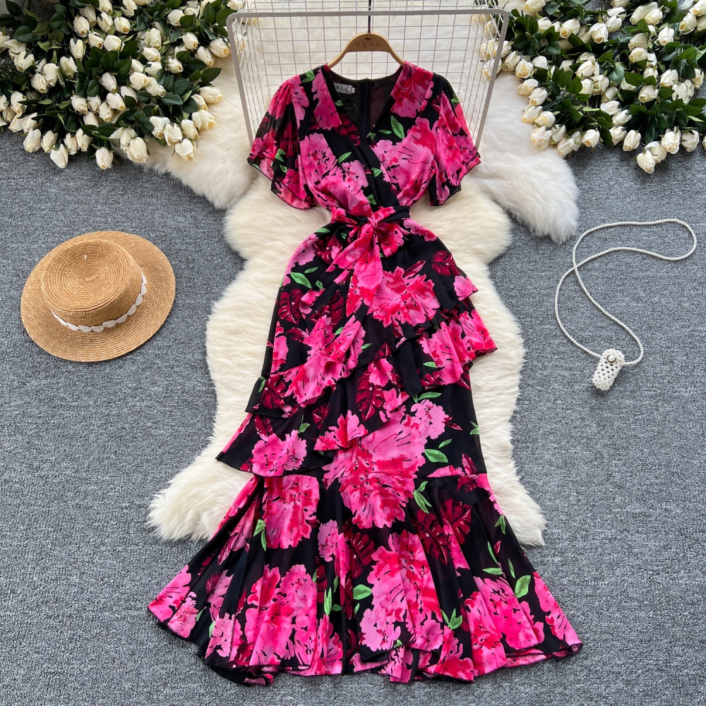 Summer V-neck long dress bandage printing dress