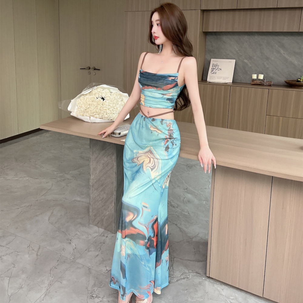 Bottoming sexy national style gauze printing skirt 2pcs set