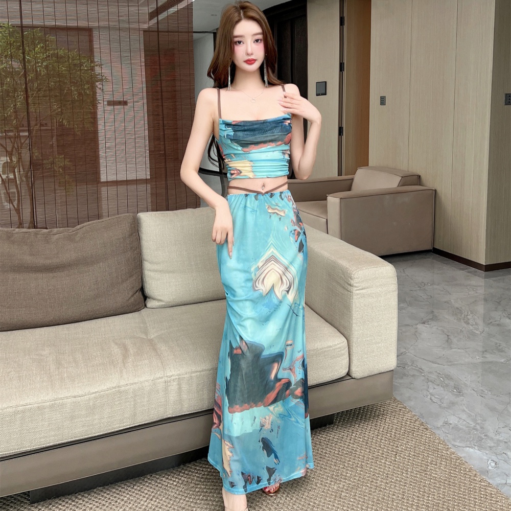 Bottoming sexy national style gauze printing skirt 2pcs set