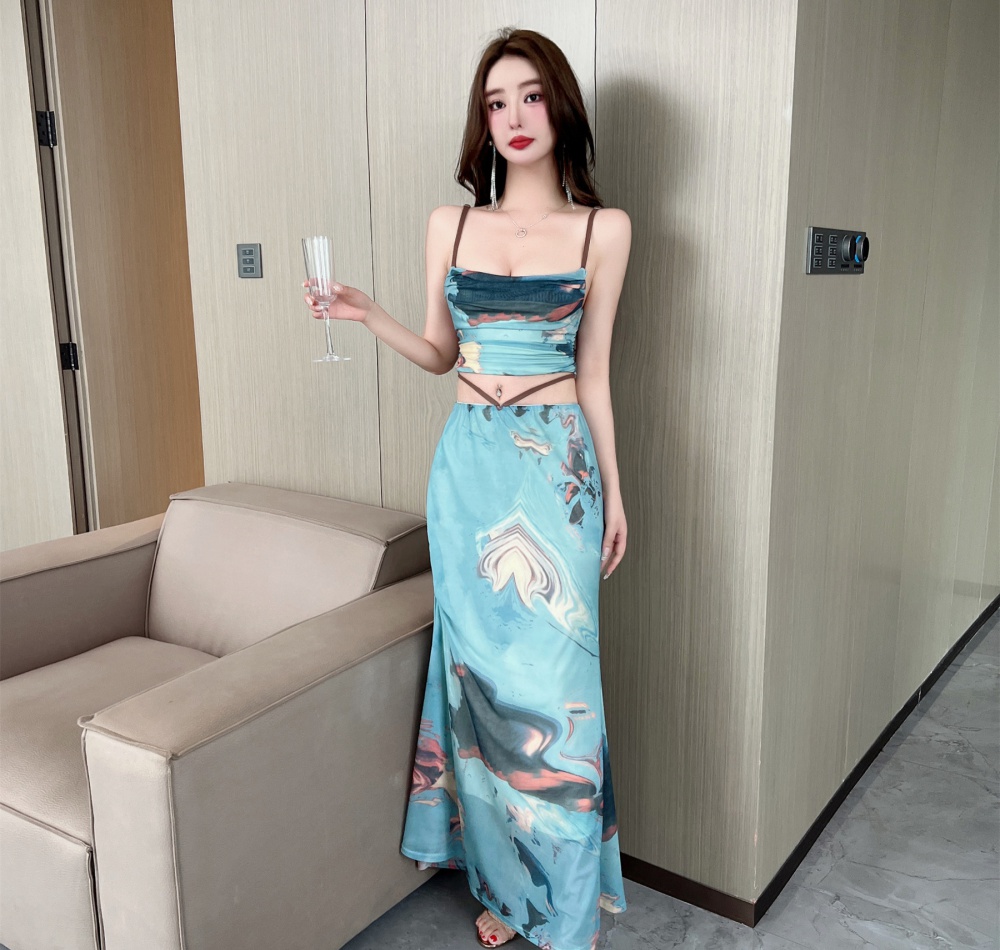 Bottoming sexy national style gauze printing skirt 2pcs set