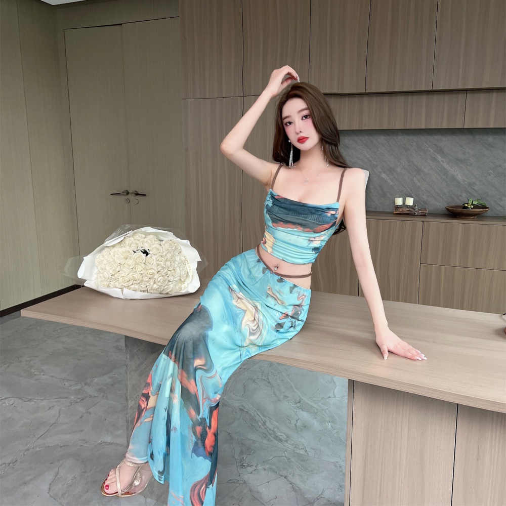 Bottoming sexy national style gauze printing skirt 2pcs set