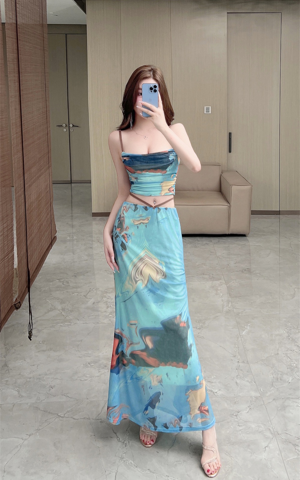 Bottoming sexy national style gauze printing skirt 2pcs set