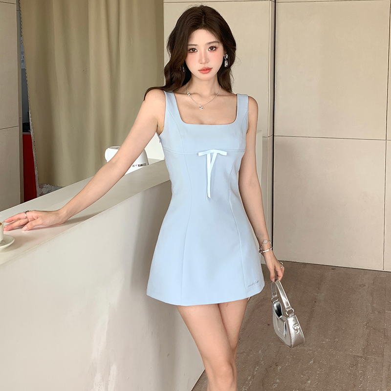 Slim sling square collar all-match bow enticement dress