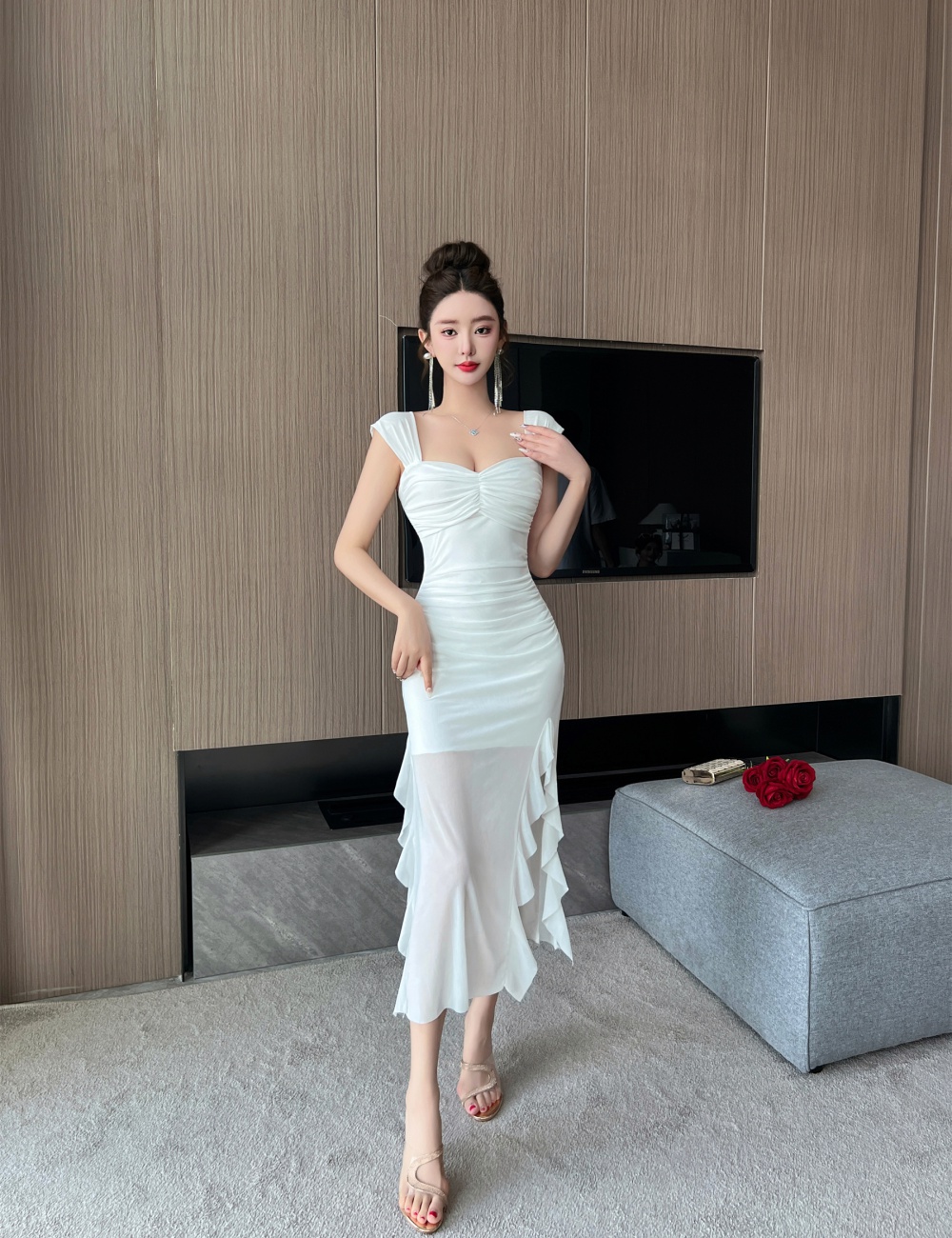 Chiffon flat shoulder enticement dress for women