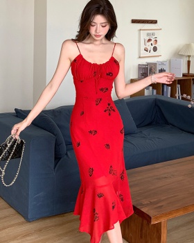 Printing sling slim summer temperament mermaid red dress