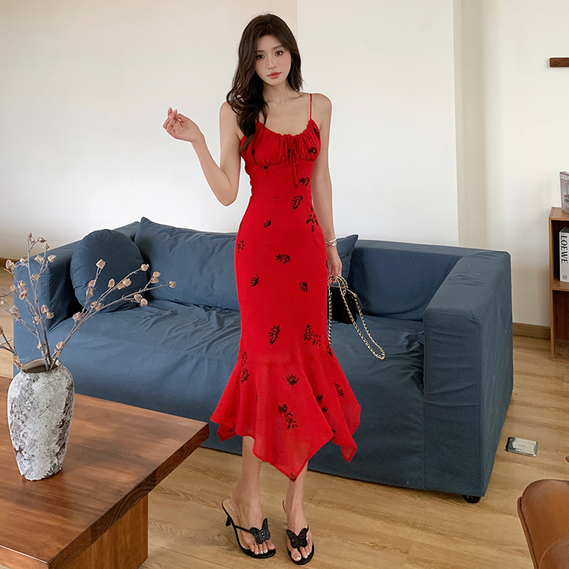 Printing sling slim summer temperament mermaid red dress