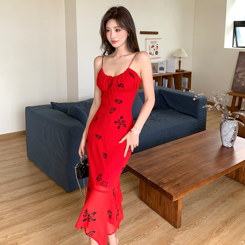 Printing sling slim summer temperament mermaid red dress