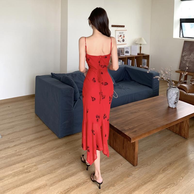 Printing sling slim summer temperament mermaid red dress