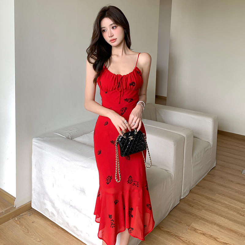 Printing sling slim summer temperament mermaid red dress