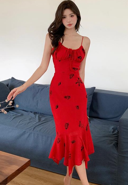 Printing sling slim summer temperament mermaid red dress