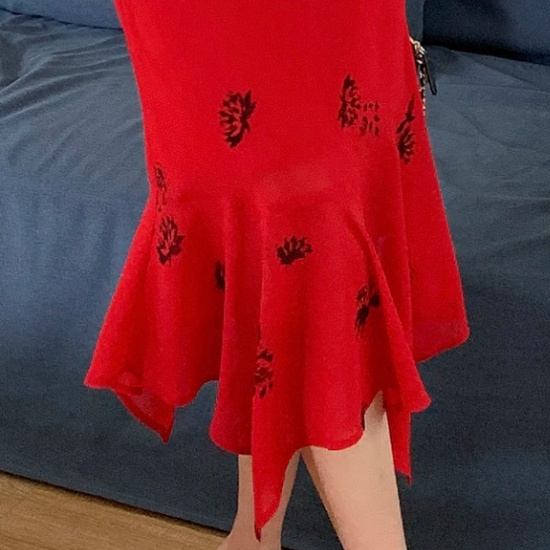 Printing sling slim summer temperament mermaid red dress