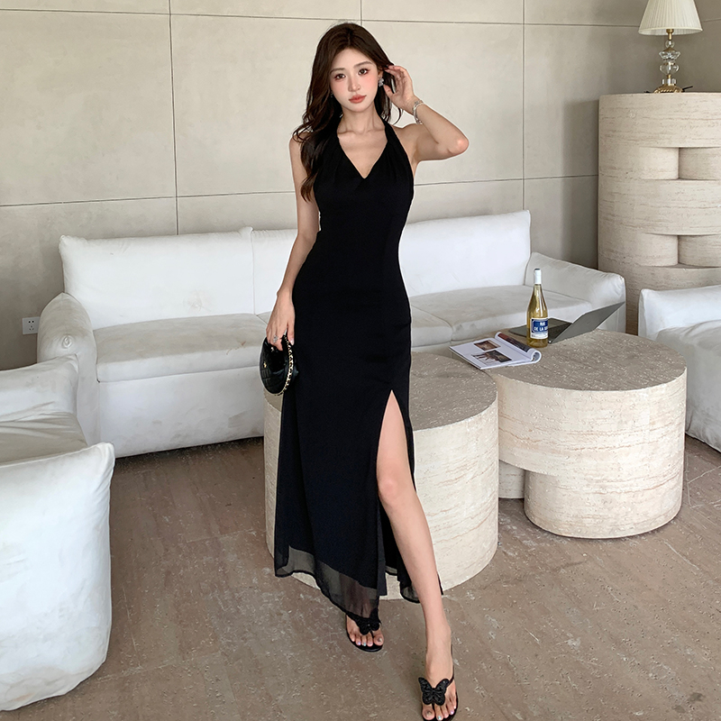 Summer black dress halter split long dress