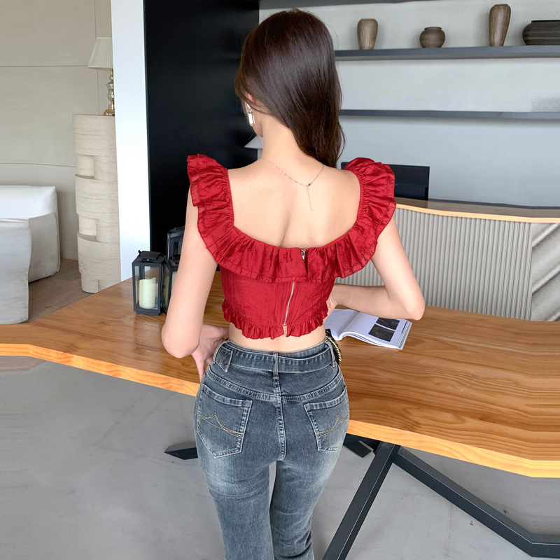 Retro red tops summer France style vest for women