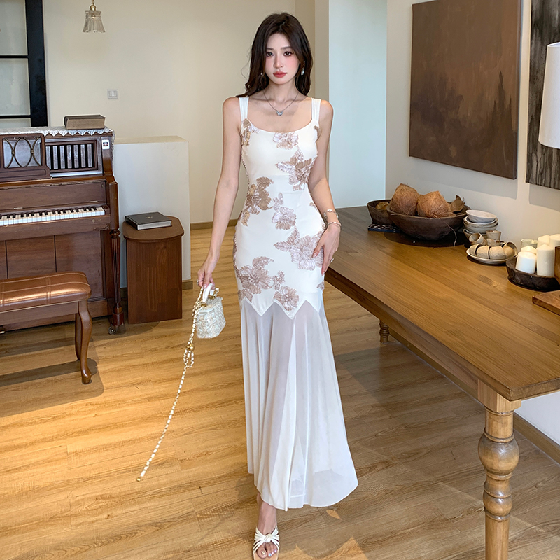 Sling gauze dress embroidered pinched waist long dress