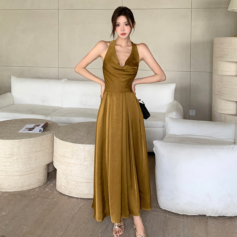 Pinched waist slim long dress France style dress for women