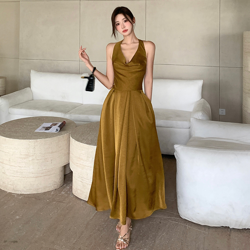 Pinched waist slim long dress France style dress for women