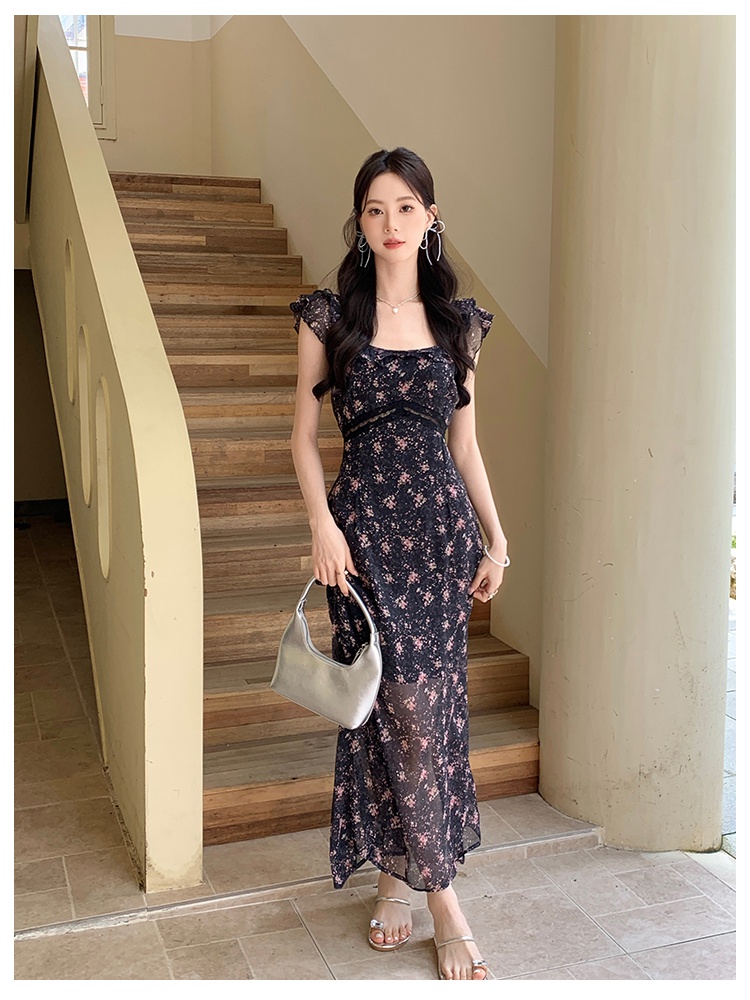 Elegant printing summer lotus leaf edges dress for women