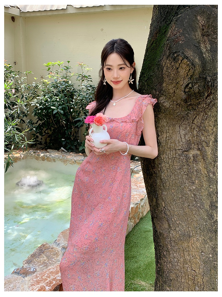 Elegant printing summer lotus leaf edges dress for women