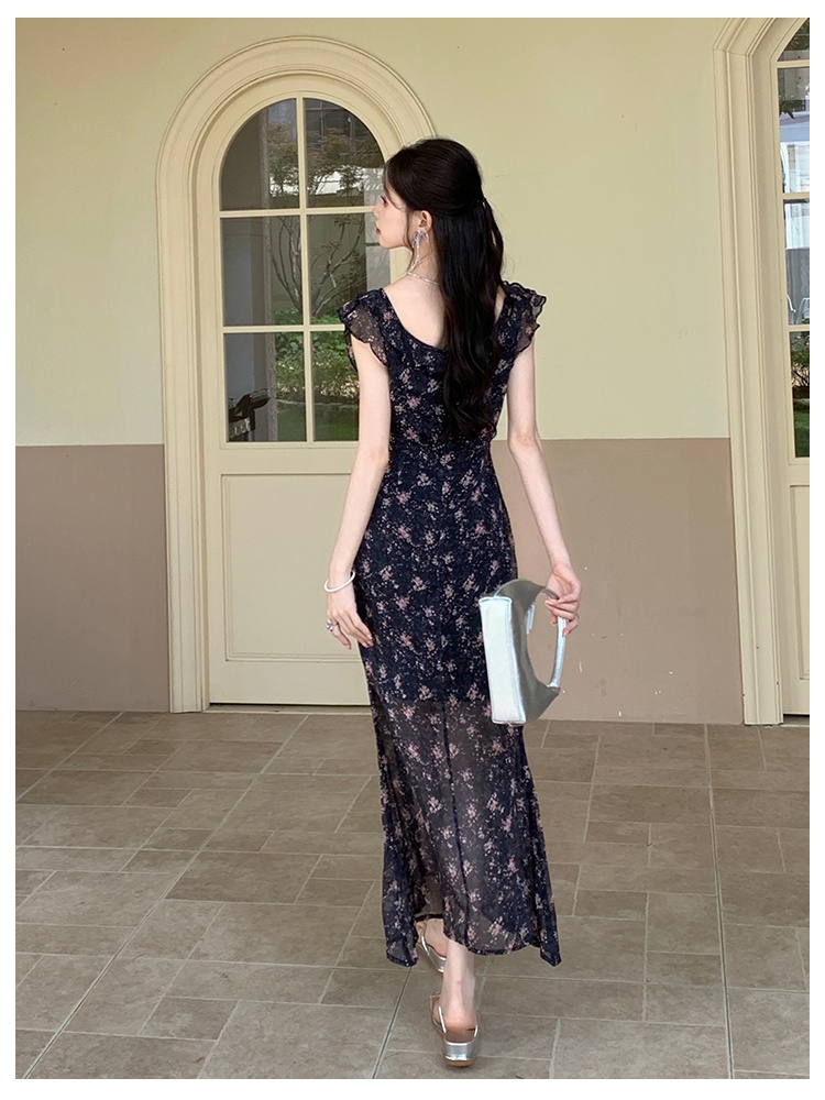 Elegant printing summer lotus leaf edges dress for women