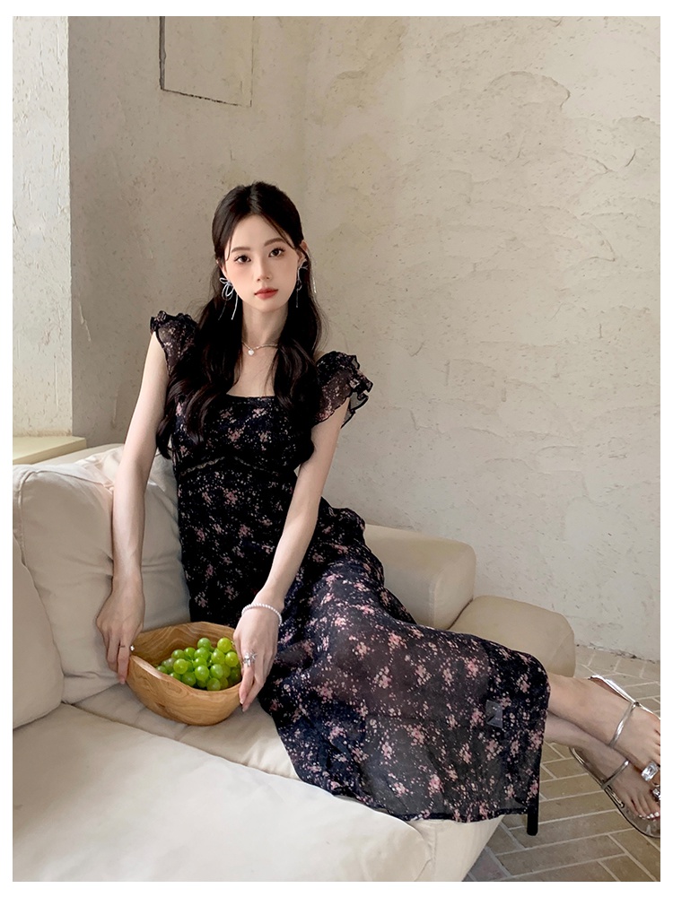 Elegant printing summer lotus leaf edges dress for women