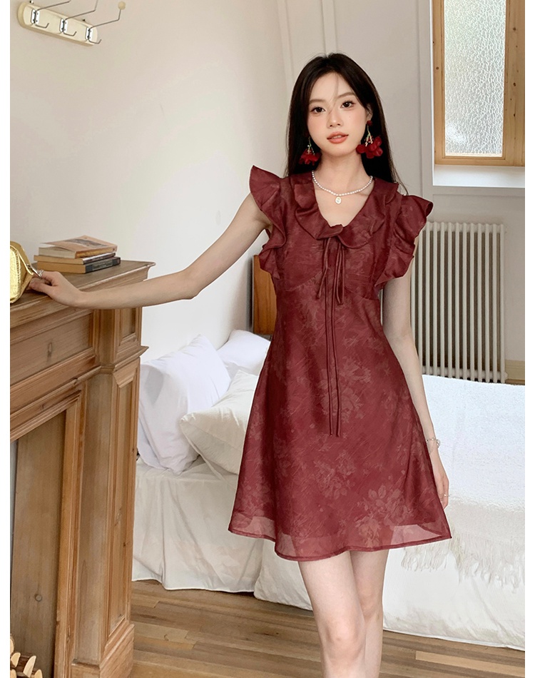 Lotus leaf edges elegant floral chiffon printing dress