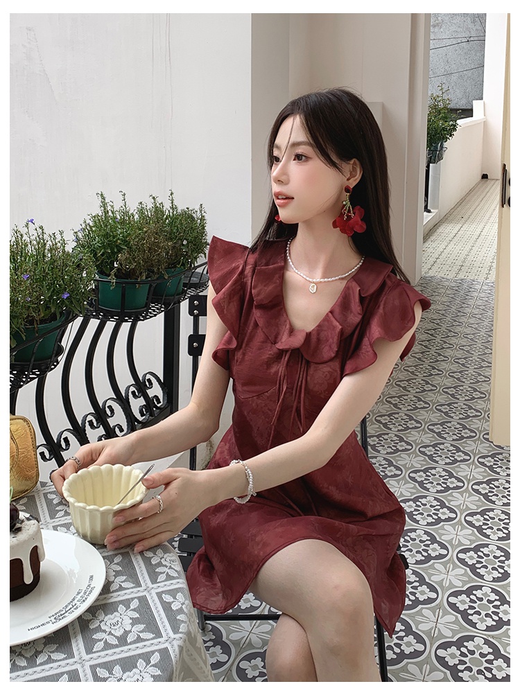 Lotus leaf edges elegant floral chiffon printing dress