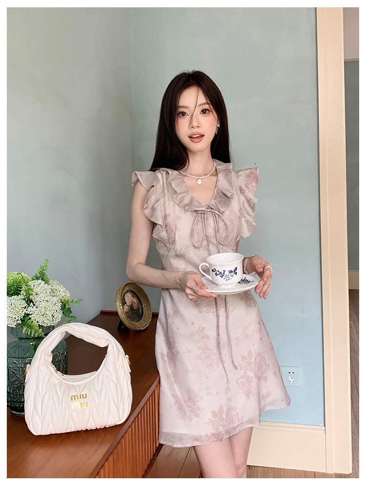 Lotus leaf edges elegant floral chiffon printing dress