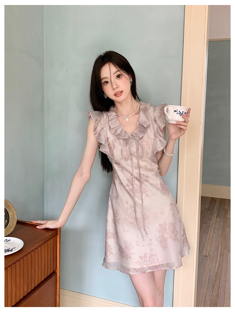 Lotus leaf edges elegant floral chiffon printing dress