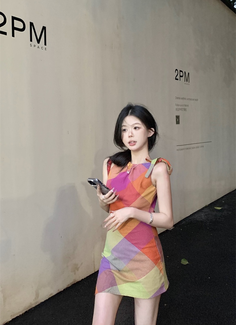 Sling halter hypotenuse plaid mixed colors orange dress