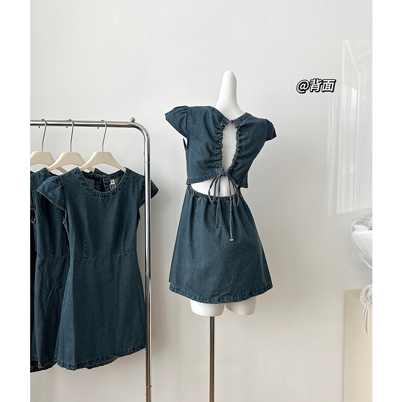 Round neck denim short sleeve halter dress for women