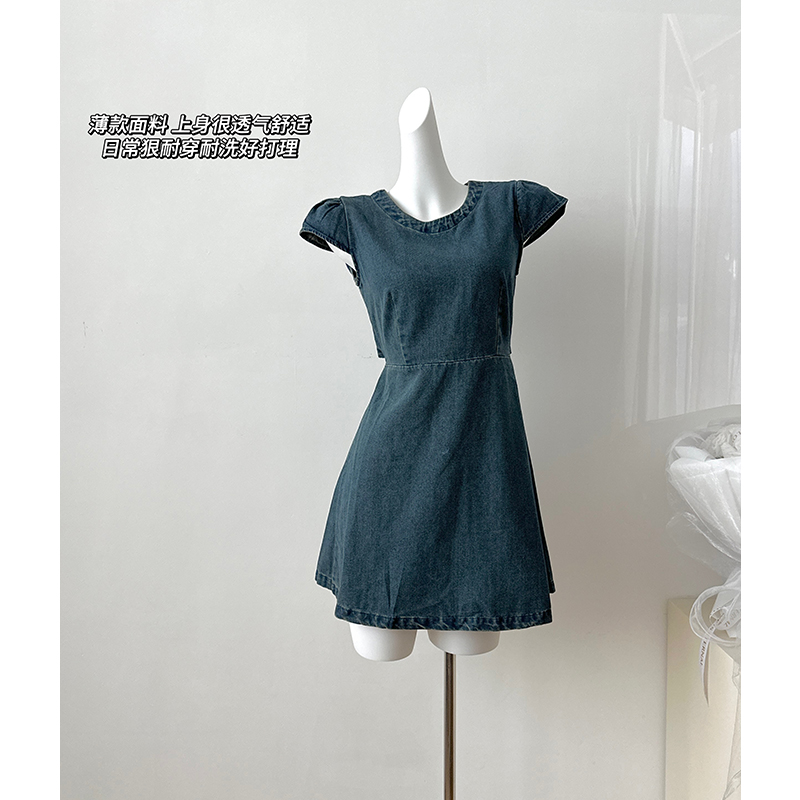 Round neck denim short sleeve halter dress for women