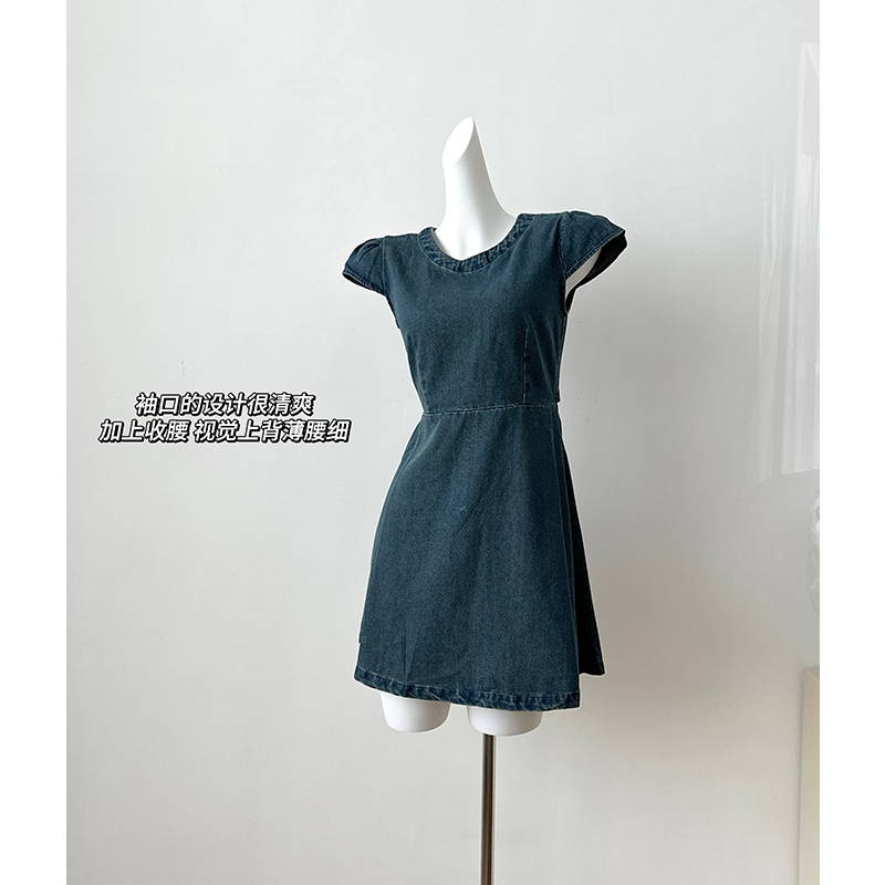 Round neck denim short sleeve halter dress for women