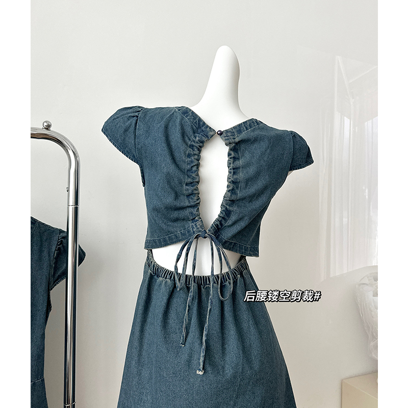 Round neck denim short sleeve halter dress for women