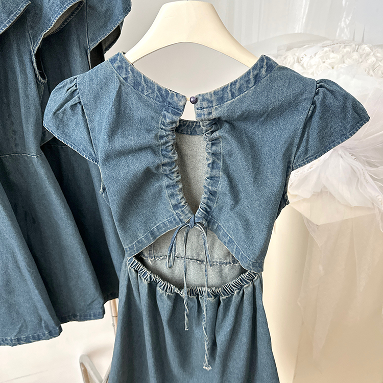 Round neck denim short sleeve halter dress for women