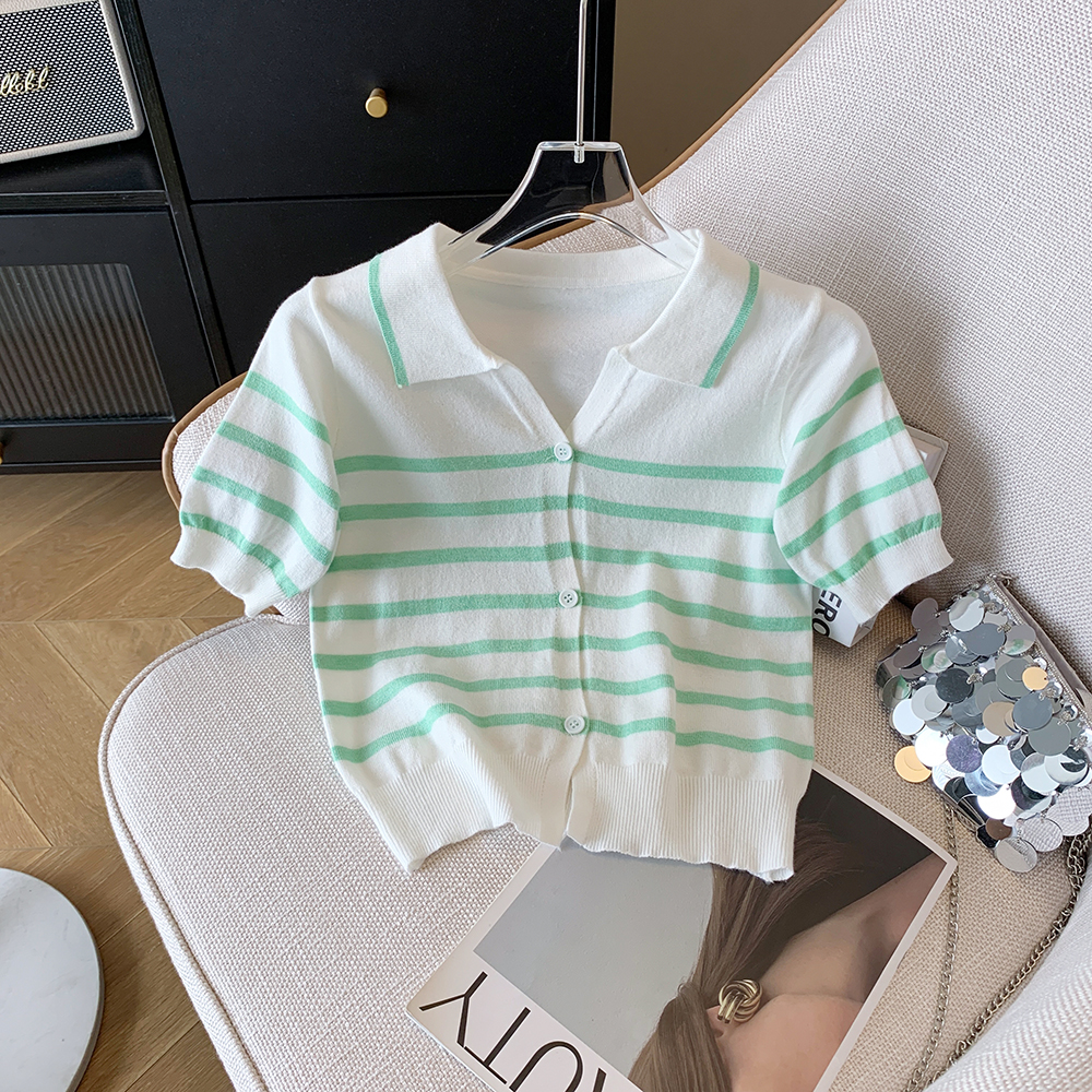 Short summer sweater all-match stripe tops for women