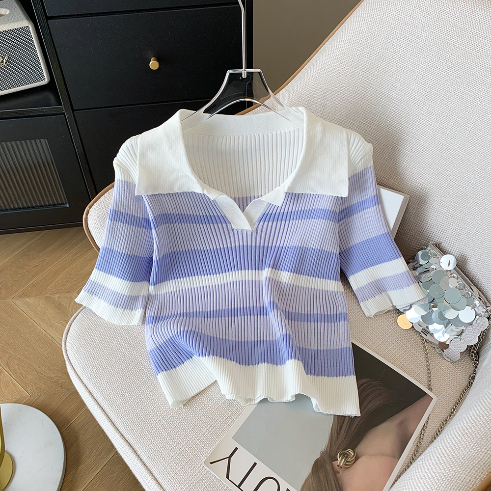 V-neck knitted sweater slim short sleeve tops for women