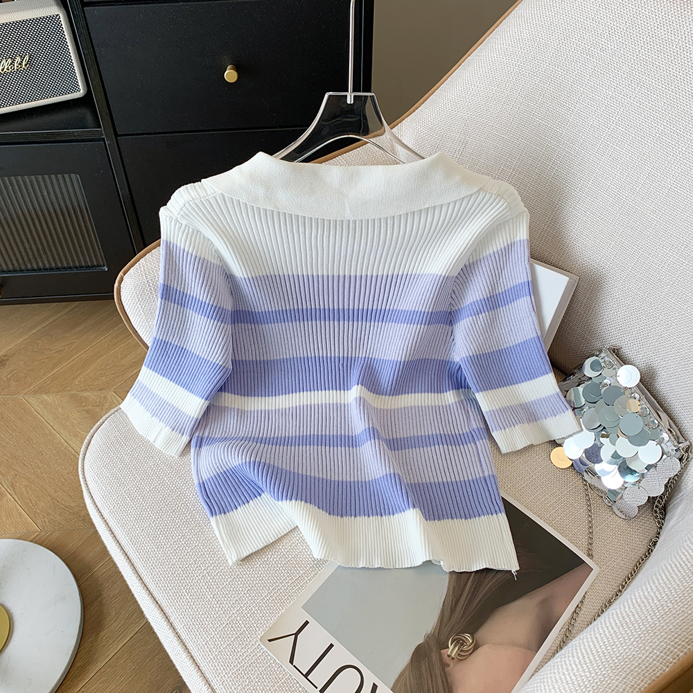 V-neck knitted sweater slim short sleeve tops for women